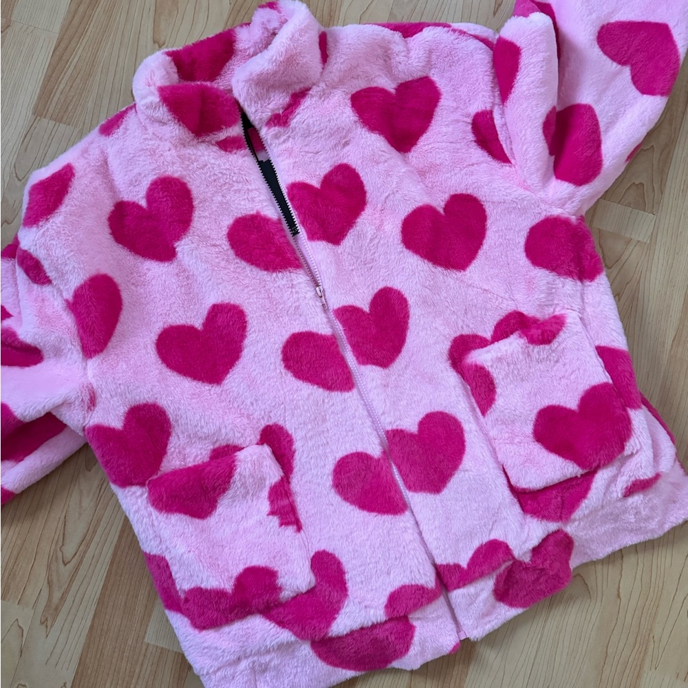 Pink Heart Patterned Fleece Jacket